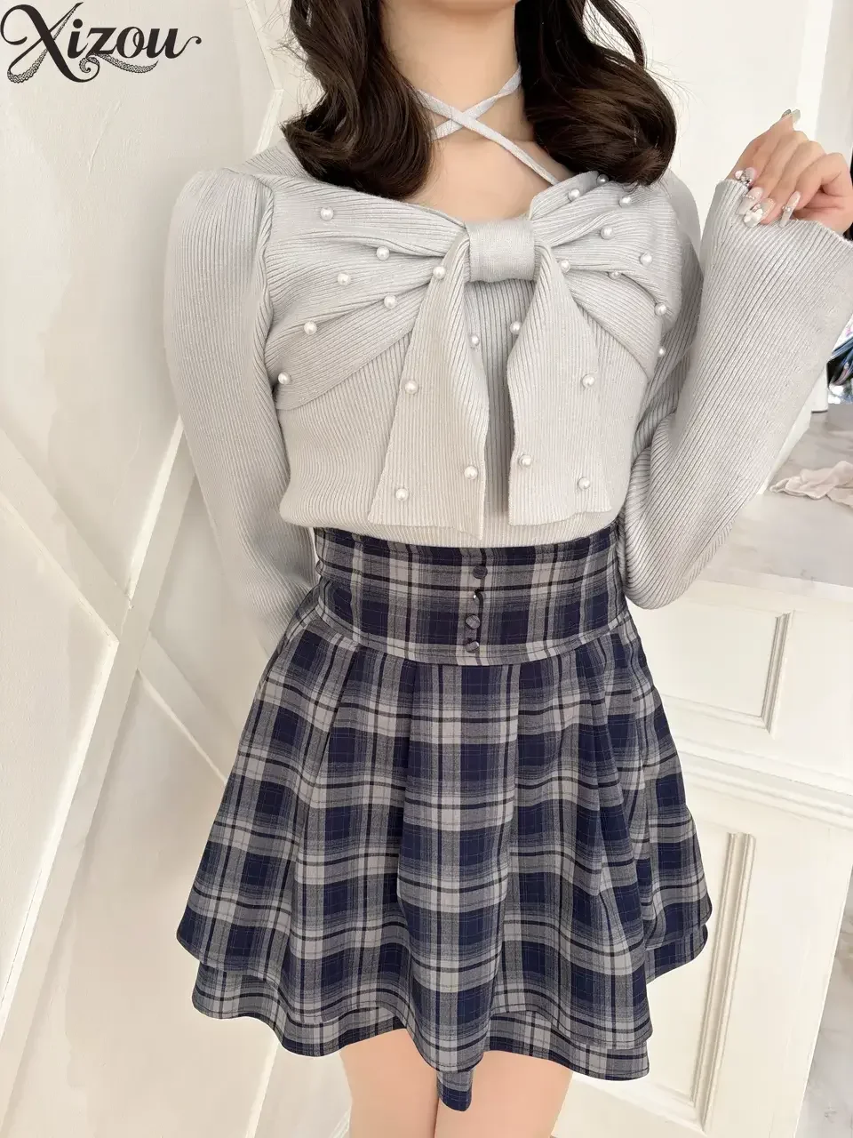 No Label Pink White Plaid Pleated Mini Skirt French Retro JK School Uniform High Waist A-Line Slimming Summer Commute Skirts
