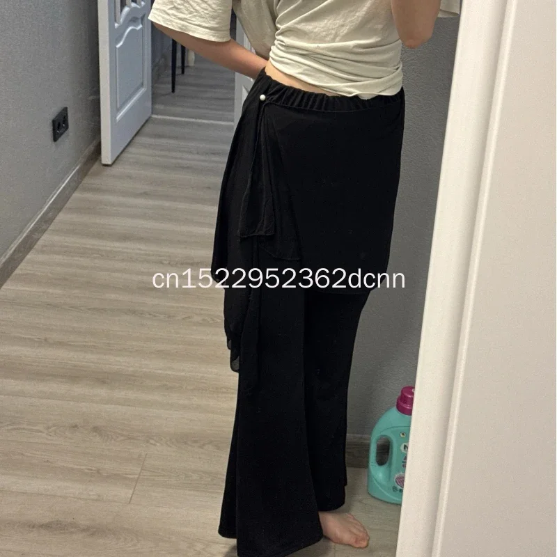 Modern Dance Pant Women Long Microflared Latin Trousers Mesh Wrap Skirt Classical Practice Costume Stage Line Dancewear Female