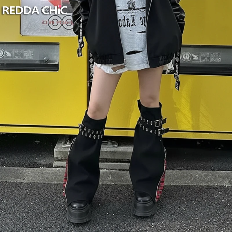 ReddaChic 2-Way Zip Women Leg Warmers Grunge Alt Tartan Plaid Patchwork Belted Bootcut Denim Boots Cover Baddie Y2k Streetwear