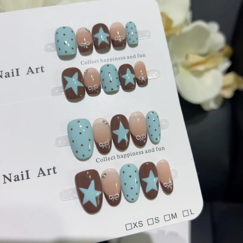 

Handmade 2025 Blue Brown Star Dot Bow French False Nails Short Fake Nails with Glue Adhesive Press on Nails with Box and Tools