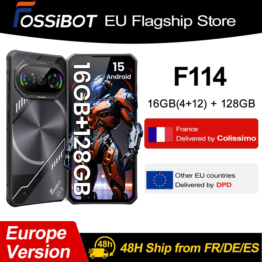 Fossibot F114 Android 15 téléphone robuste Ultra-mince 16GB(4 +12) 128GB 50MP + 8MP + 2MP caméra 5000mAh 18W 6.67 ''HD + écran Smartphone