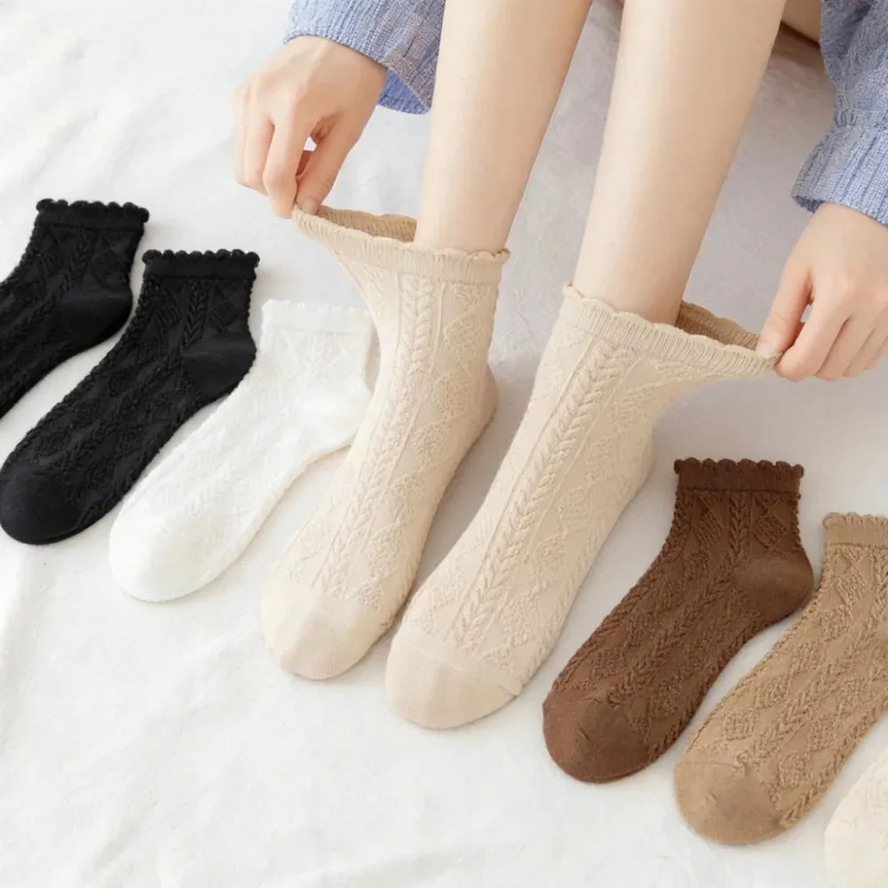 1 Pair Cute Sweet Lolita Socks for Women, Summer Thin Cotton Gradient Solid Color Ruffle‑Edge Fashion Socks