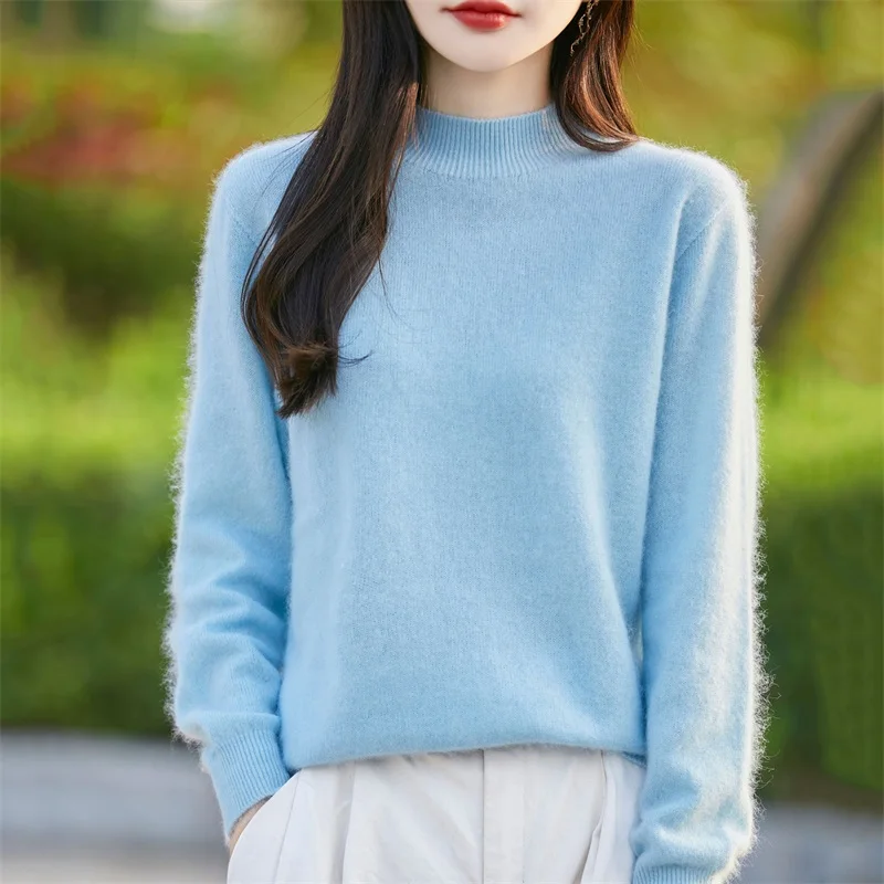 

95% Wool 5% Cashmere Women's Clothing Autumn Winter New Semi High Neck Knitted Sweater Casual Loose Seamless Tops Fashion Korean