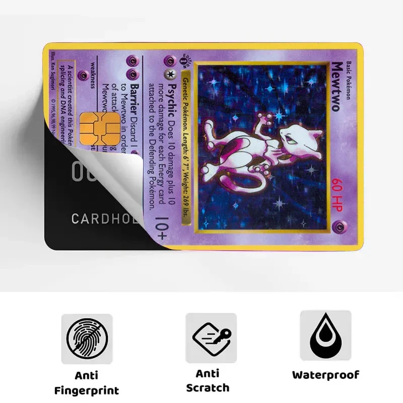 Autocollants de peau de carte de crédit PTCG, 2 pièces, monstres de poche Mewtwo pour Bus VISA, carte de débito bancaire, jouets pour garçons et femmes, accessoires 14 + y