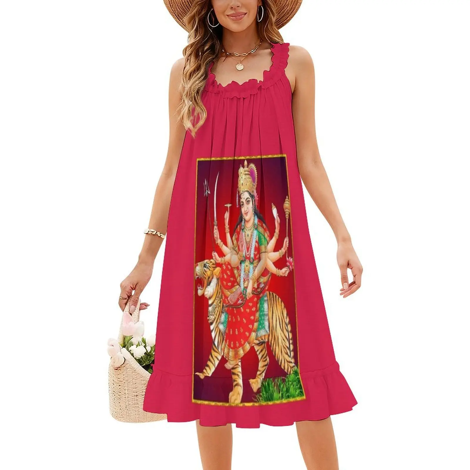فستان Amba Ambe Jai Mata Di Goddess Devi maa Ambe Ma بوهيمي بدون أكمام للنساء مطبوع فساتين حفلات الشاطئ Amba Ambe Jai Mata