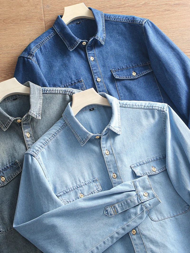 

Heavyweight Waed Retro Japanese Sle Men's Comfortable Pure Cotton Classic Workwear Collared Casual Denim irt Trendy