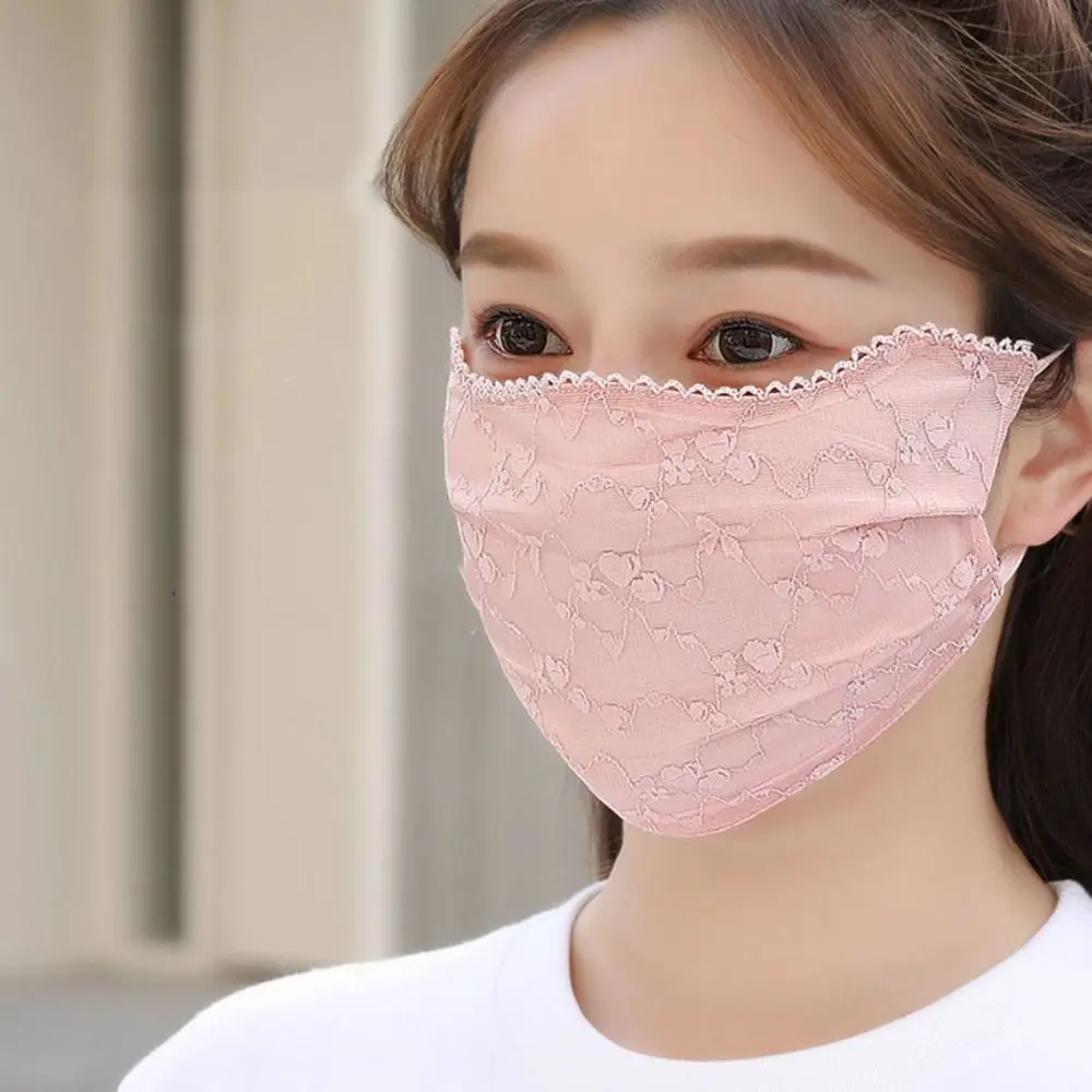 Solid Color Sunscreen Lace Mask Flower Hanging Ear Sunscreen Face Cover Adjustable Strap UV Protection UV Protection Mask