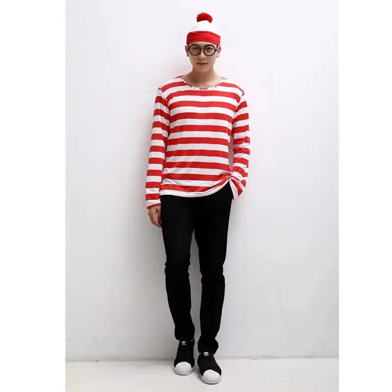 2025 12 أزياء الهالوين أين W-Wally أزياء Waldo Book Week التأثيرية قميص مخطط وقبعة مجموعة نظارات الوالدين والطفل والكبار