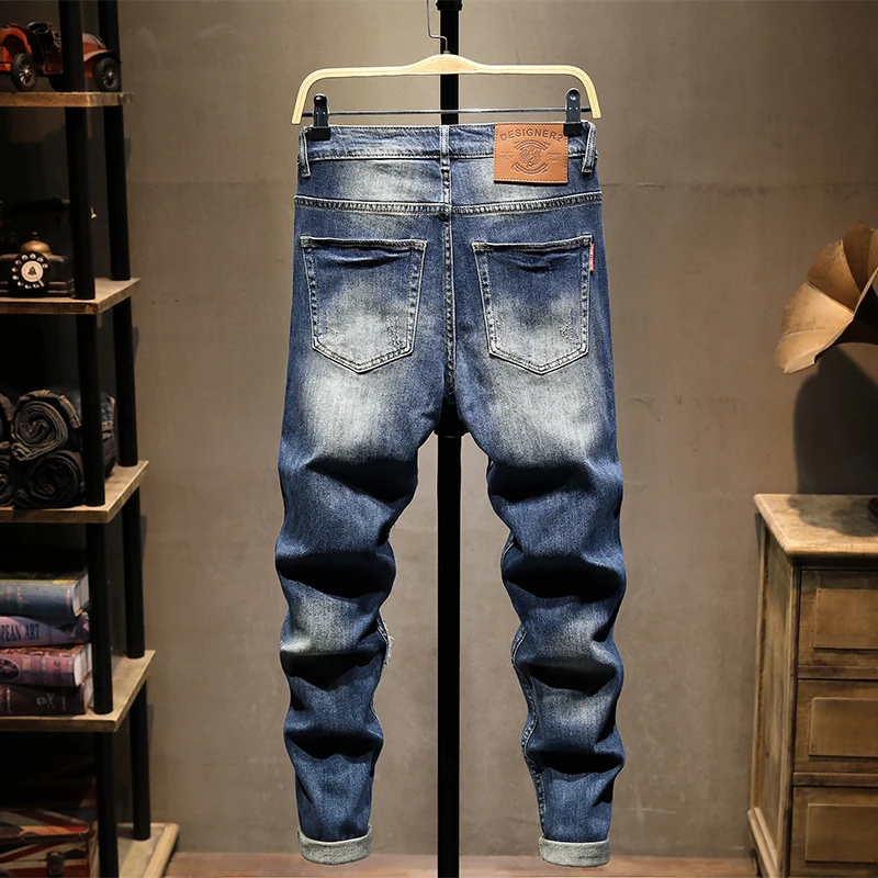 2024 Spring New Chinese Style Embroidery Men's Jeans Slim Fit Ankle Tight Trousers Youth Street Trend Scratch Pants