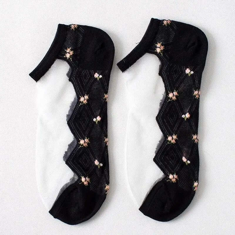 

1Pcs Women Fashion Summer Glass Stockings Women Thin Stockings Small Floral Card Silk Socks Transparent Color Cotton Socks