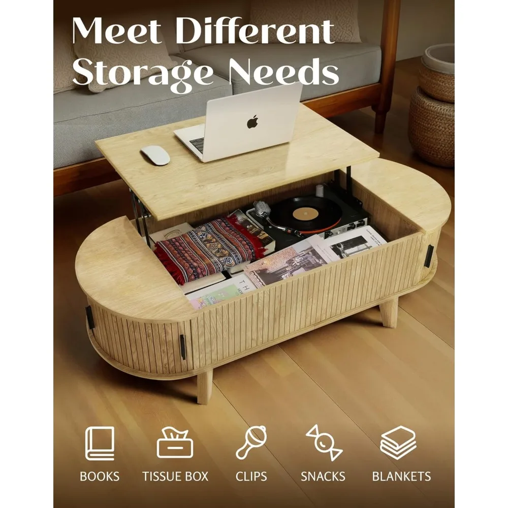 Mesa de centro moderna de madera estriada con almacenamiento superior elevable, muebles de sala de estar de 47,2 pulgadas, 180 °   Parte superior deslizante para versatilidad