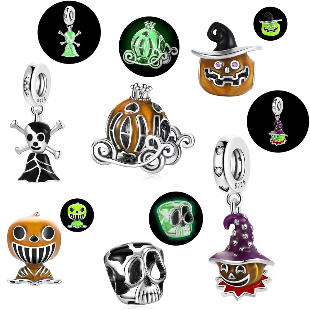 Fine 925 Sterling Silver Glow-in-the-dark Pumpkin Carriage & Skull & Ghost Beads Charm Fits Original Bracelet DIY Halloween Gift