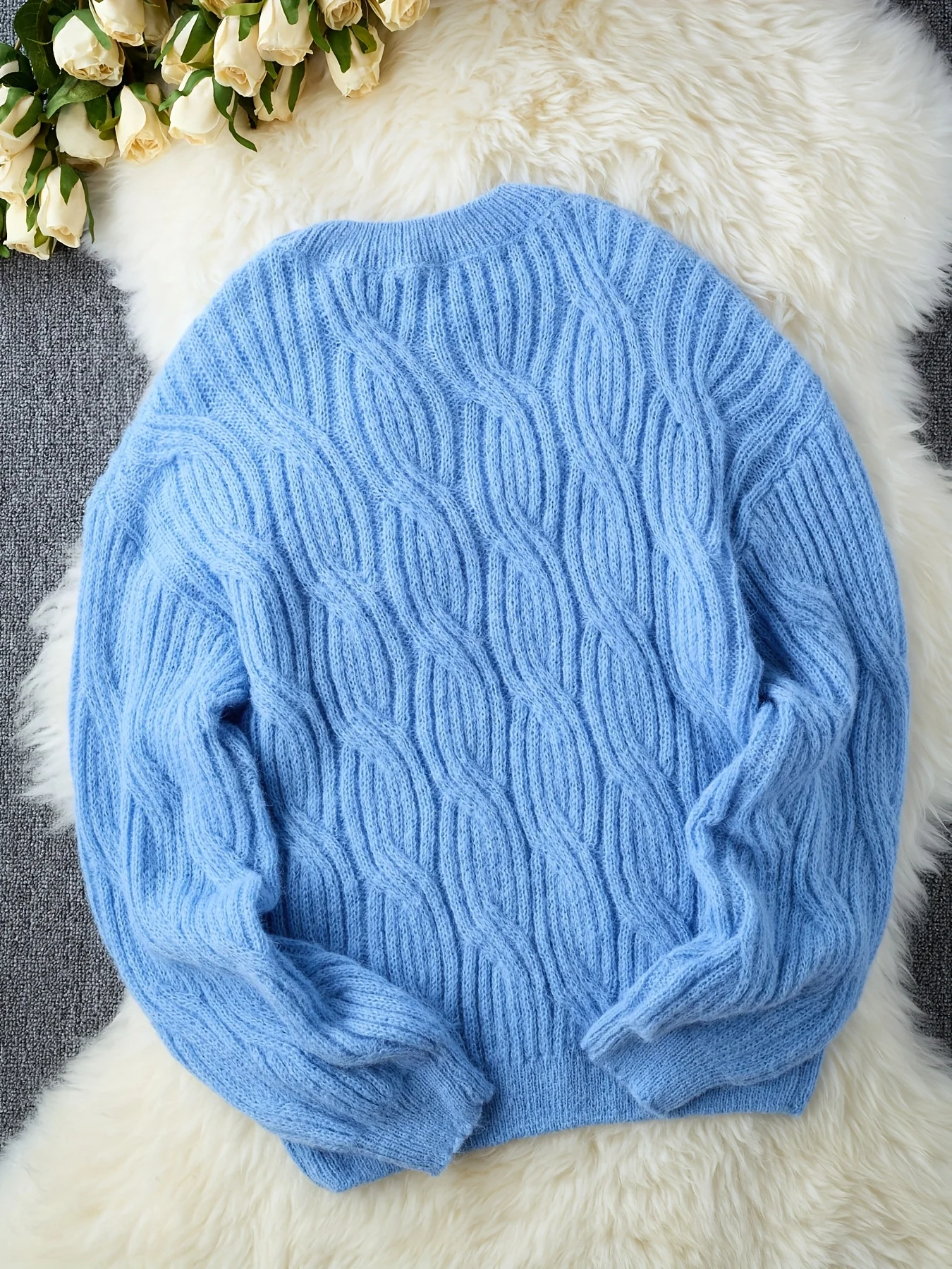 เสื้อสเวตเตอร์ถักคอทรงกลมสไตล์เรโทรหวานๆ สำหรับผู้หญิง ฤดูใบไม้ร่วง ฤดูหนาว เรียบง่าย สบายๆ ถักลายบิดเกลียว