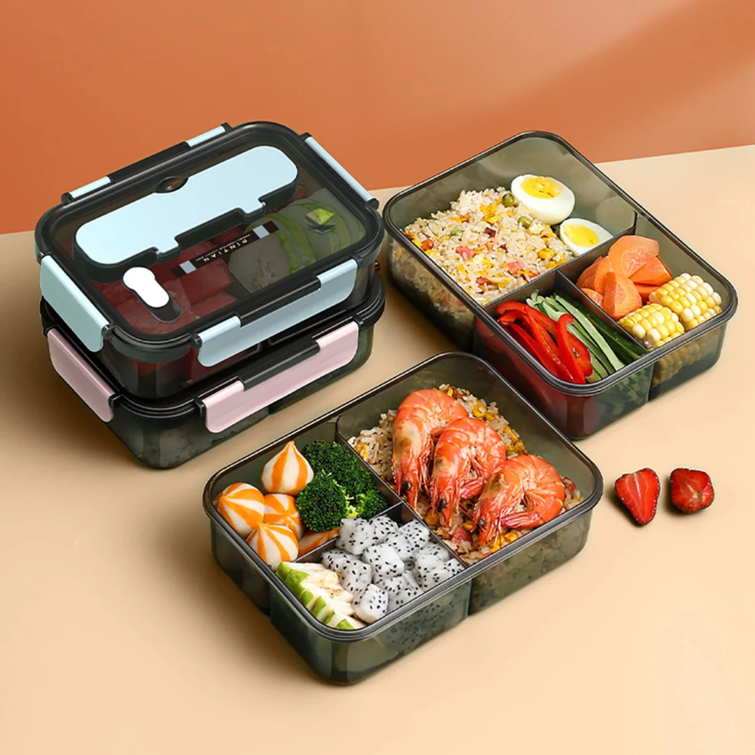 1500ML Three Grid Compartment Packed Lunch Box Matching Fork Spoon Adult Student Bento Box Food  Container Snack Box