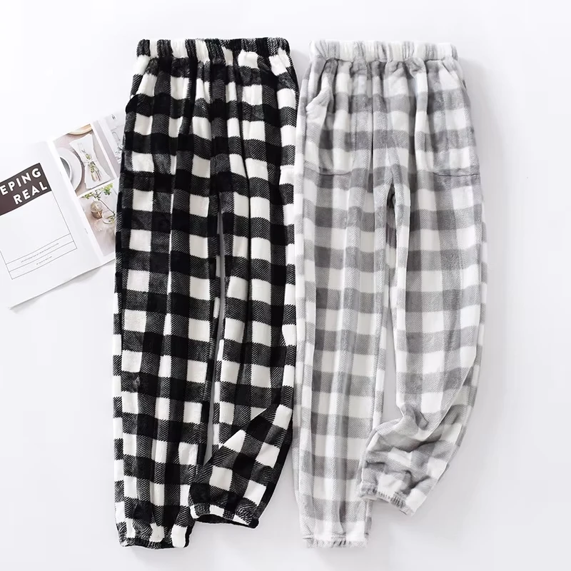 Autumn and Winter Super Warm Thickening Flannel Women Men's Plaid Pants Black Grey Colors Matching Men Pajamas Trousers