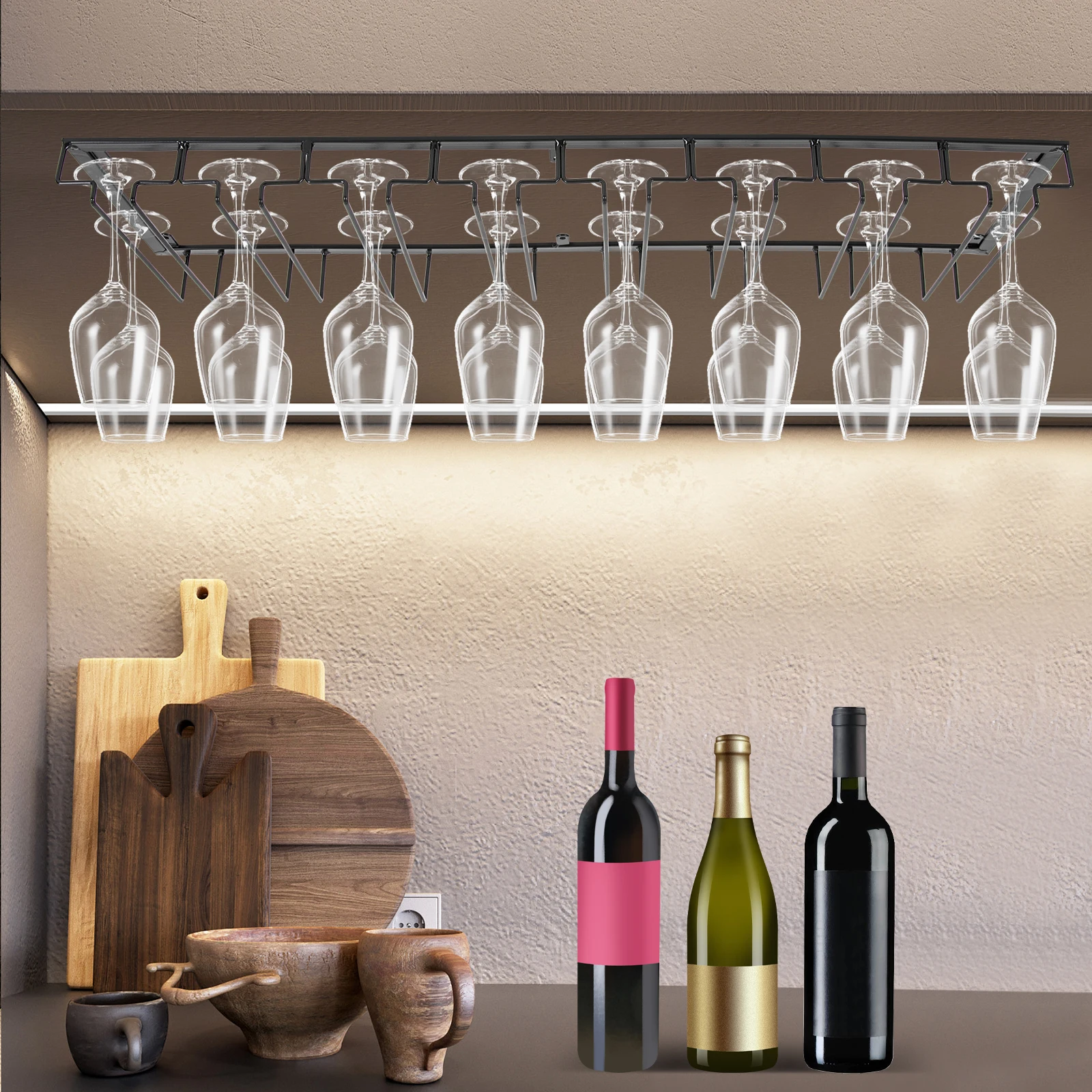 Wine Glass Rack Under Cabinet 8 Row Extreme Large Stemware Hanger Metal Wine Glass Holder DIY Bar Glass Storage Rack for Bar