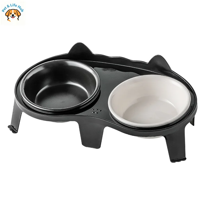 

Pet Double Ceramic Feeder Bowl Water Food Dish with Wood Stand No Spill Pet Bowl for Small Dogs Cats Kitten