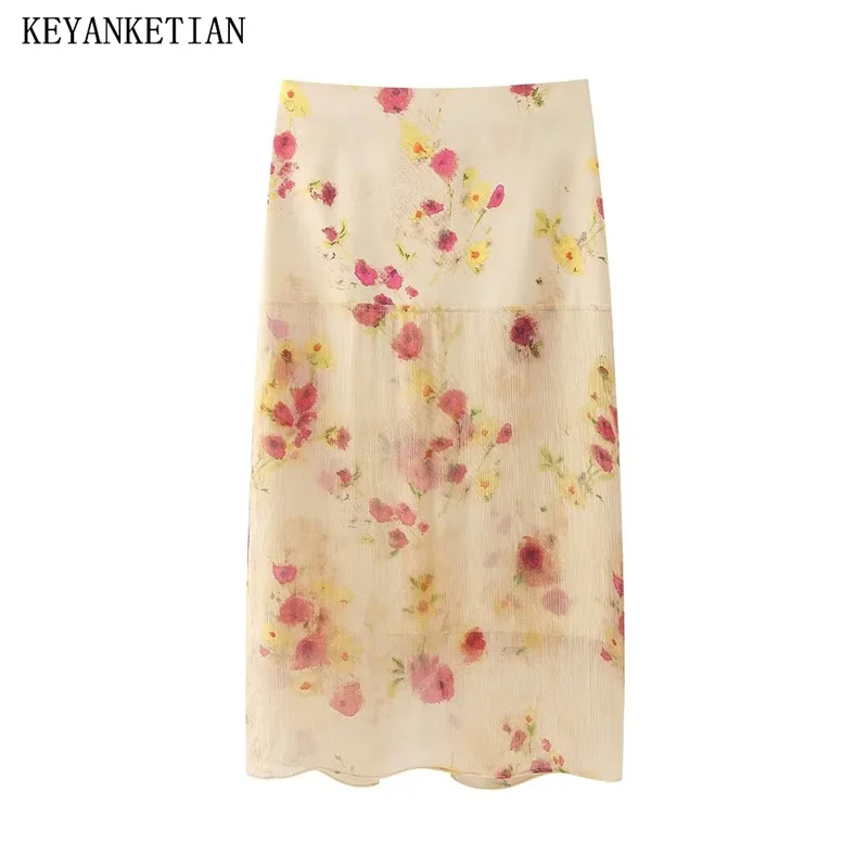 

KEYANKETIAN 2024 New Launch Women Patchwork Floral Print Skirt Pastoral style Side Zipper High-waisted Mid-Length Straight Skirt