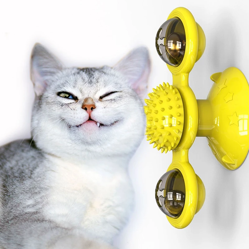 Interactive Cat Windmill Toy Spinning Bell Ball Cat Toy with Suction Cup Base Funny Pet Exercise Activity Toy for Indoor Cats