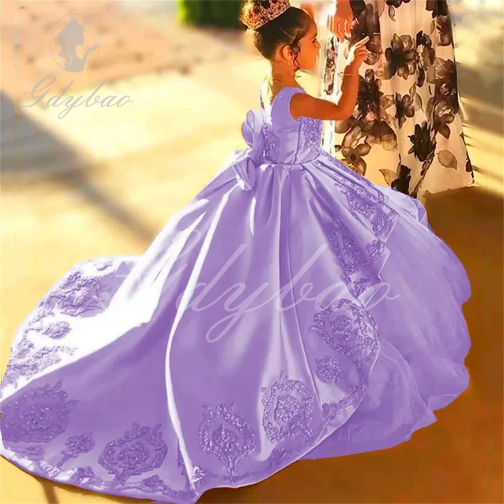 Lavender Train Flower Girl Dress Wedding First Communion Kids Satin Evening Ball Gown Appliques Bow Child Pageant Party Gown