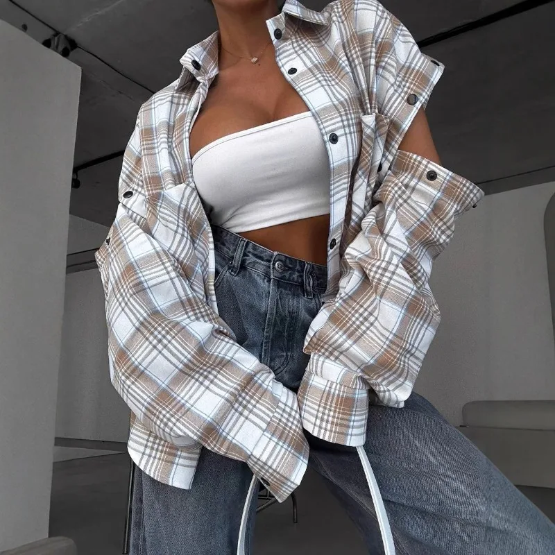 American Autumn Retro Fashion Simple Women's Detachable Sleeve Plaid Shirt Commuting Casual INS Style Loose Jacket Top