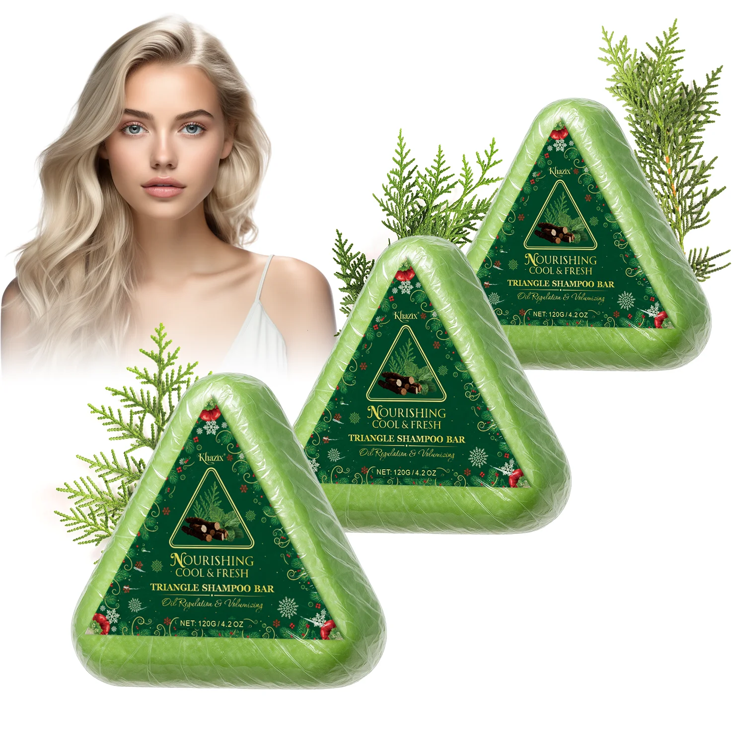 Green Triangle Soap Shampoo Bar with Usman Grass - Natural Cypress Leaf Solid Shampoo Bar for Natural Herbal Hair Care, Calming.