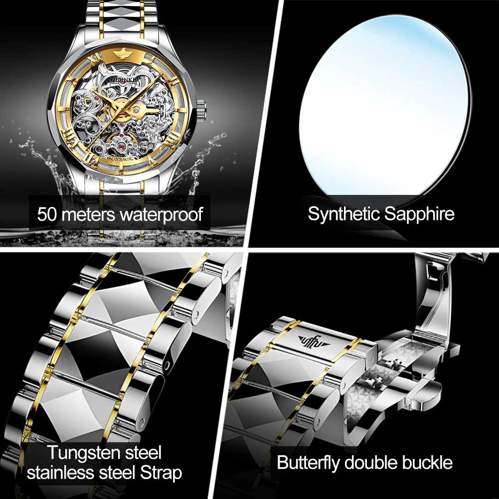 OUPINKE Luxury Men Mechanical Wristwatch Automatic Watch Men Skeleton Tungsten steel Sapphire Business Watch relogio masculino