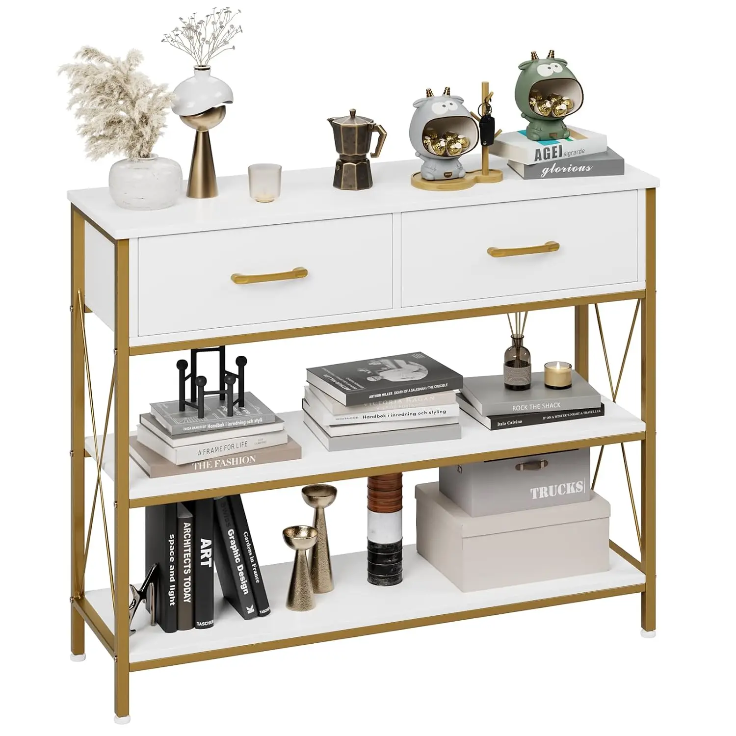 White & Gold Console Table, 2-Tier Shelves & Drawers, Narrow Entryway Sofa Table for Hallway Living Room, Customized