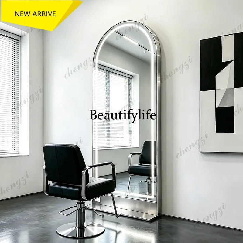 E153 light luxury hair salon stainless steel floor mirror hair salon with lamp perm and dye mirror table hair cutting mirror