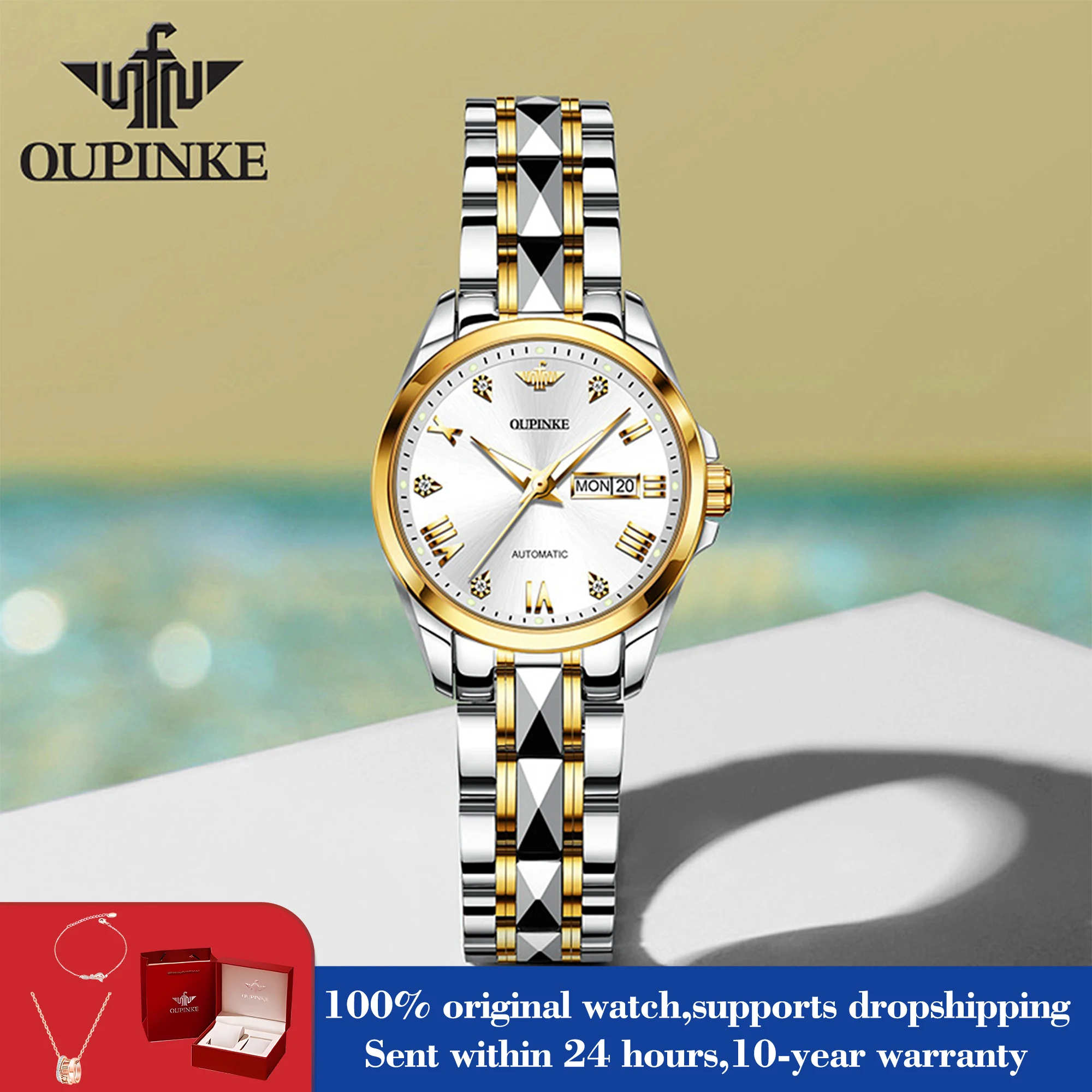 OUPINKE 3171 Auto Date Mechanical Watch For Women Roman Scale Waterproof Ladies Hand Clock Sapphire Mirror Luxury Dress Watches