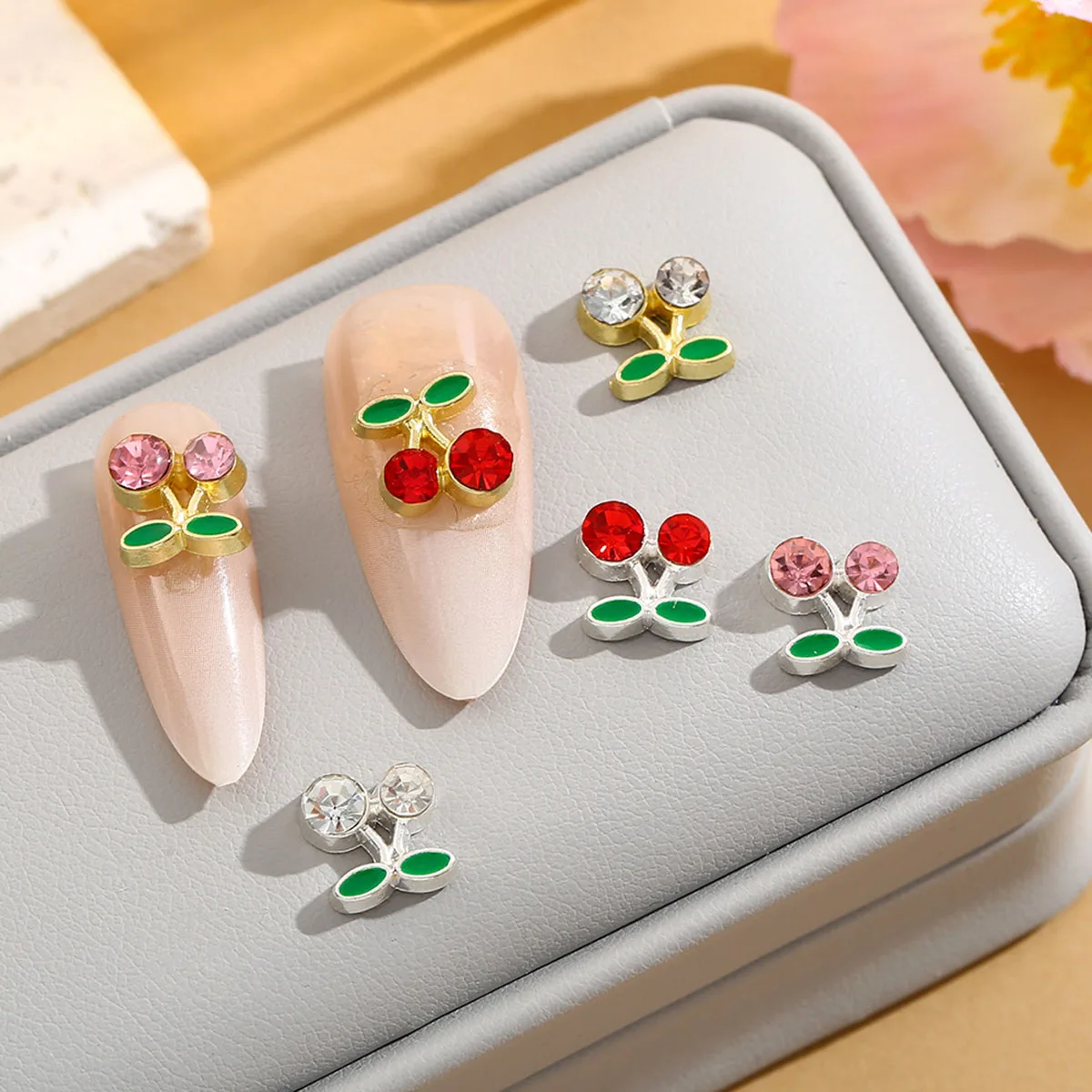 20pcs 3D Cherry Design Nail Charms Red Cherry Crystal Rhinestone Nail Gems Glitter Diamond Stud Fruit Nail Art Decoration