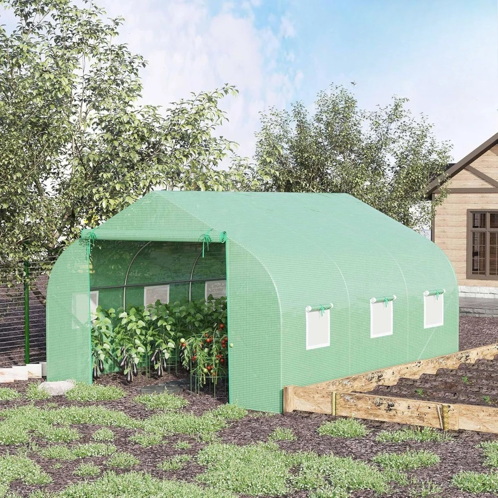 

12' x 10' x 7' Outdoor Walk-in Greenhouse, Tunnel Green House with Roll-up , Zippered Door, PE Cover, Heavy Duty Steel F