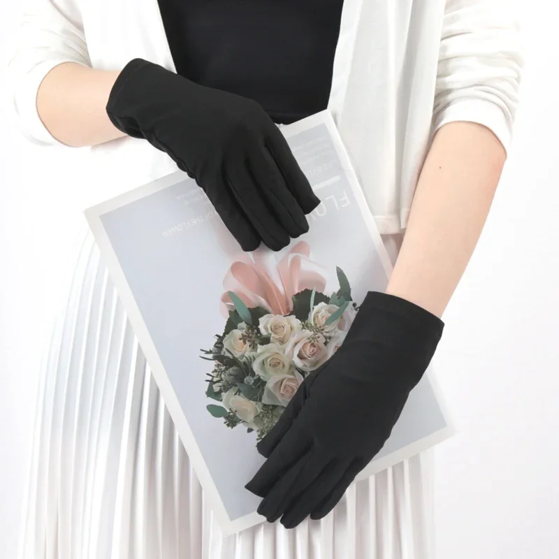 New Women Manner Ceremonial Elastic Mittens Female Sunscreen Sun Protection Driving Black White Gloves Performance Dance Mitten