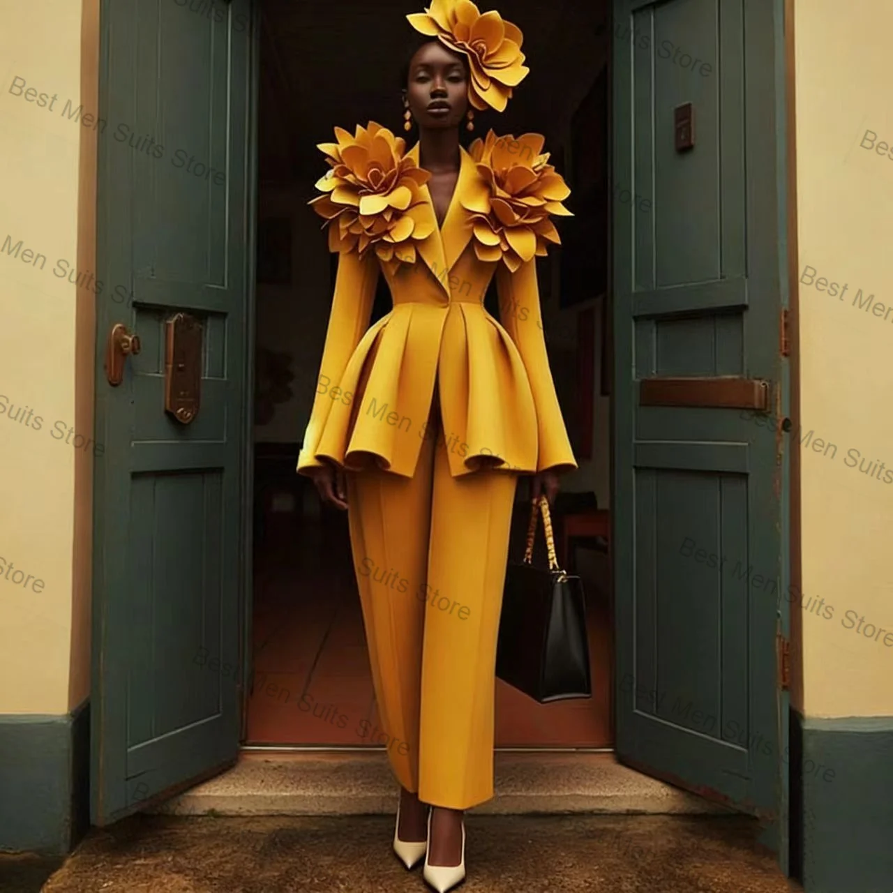 Yellow Women Suit Set 2 Pcs Blazer Pants Trousers 3D Flowers Ruffles Hem Formal Office Jacket Customized Wedding Guest Coat view 5