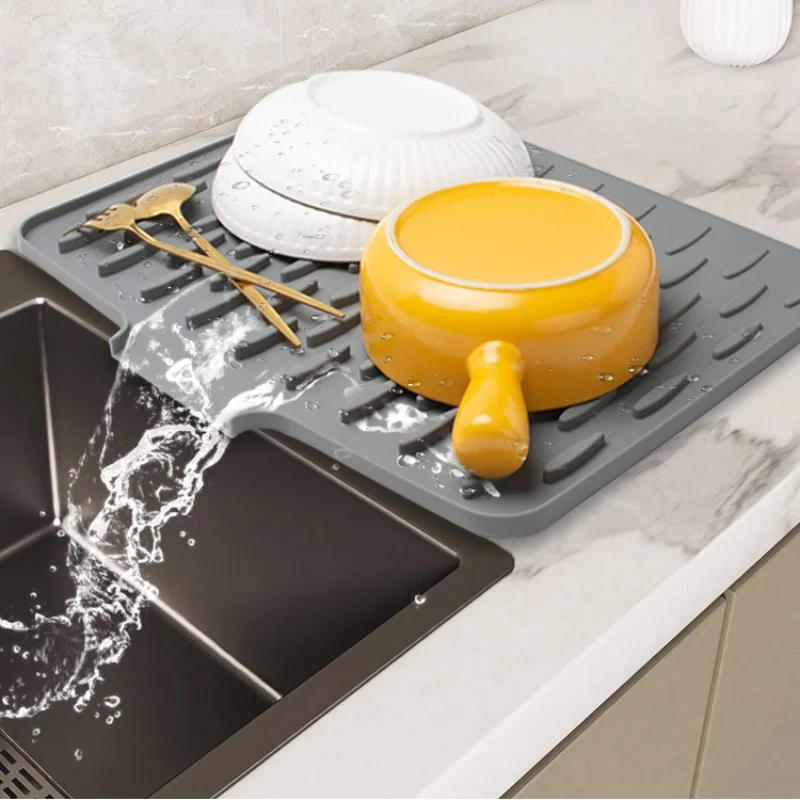 Heat Resistant Silicone Dish Drying Mat Non Slip Drainage Sink Counter Pad Easy Clean Kitchen Tableware Mat Space Saving Storage