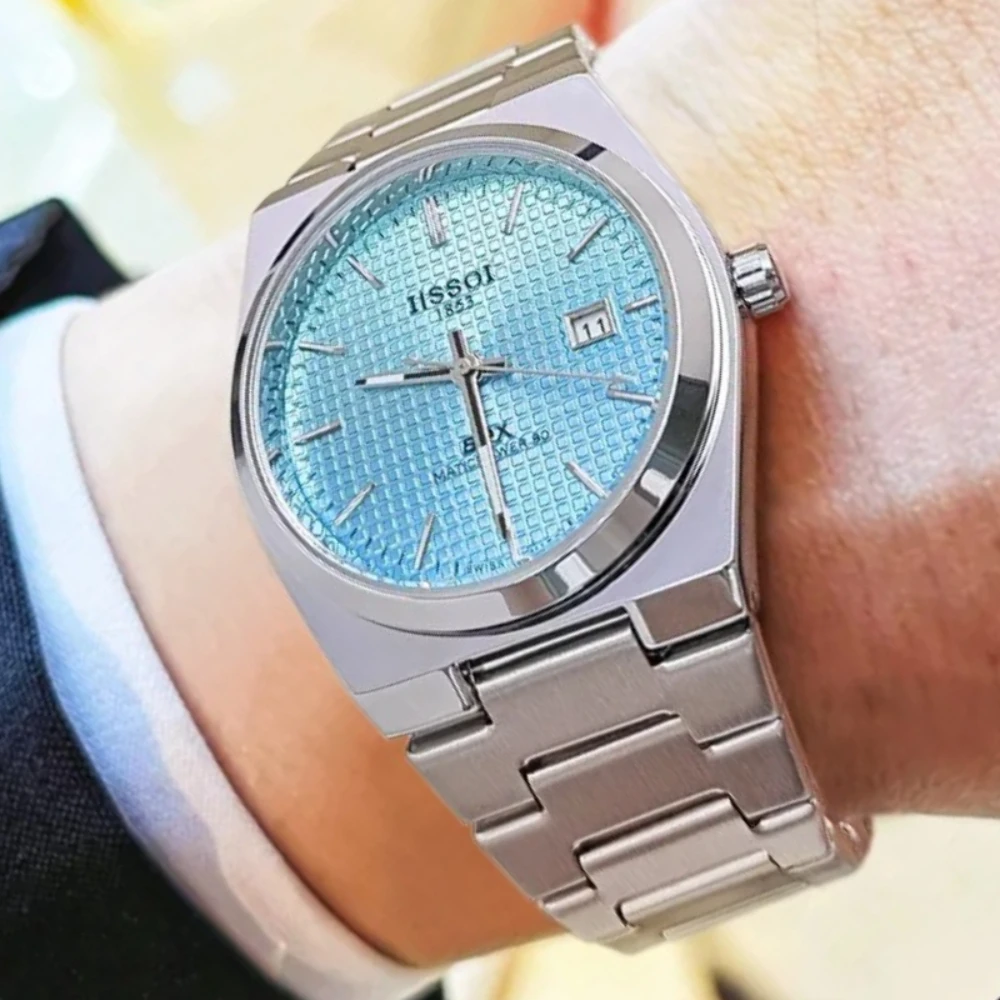 High Quality Sky Blue Imitation Mechanical Quartz Watches Men Textured Dial Hot Sell Creative Steel Design Watch Clock Relogio