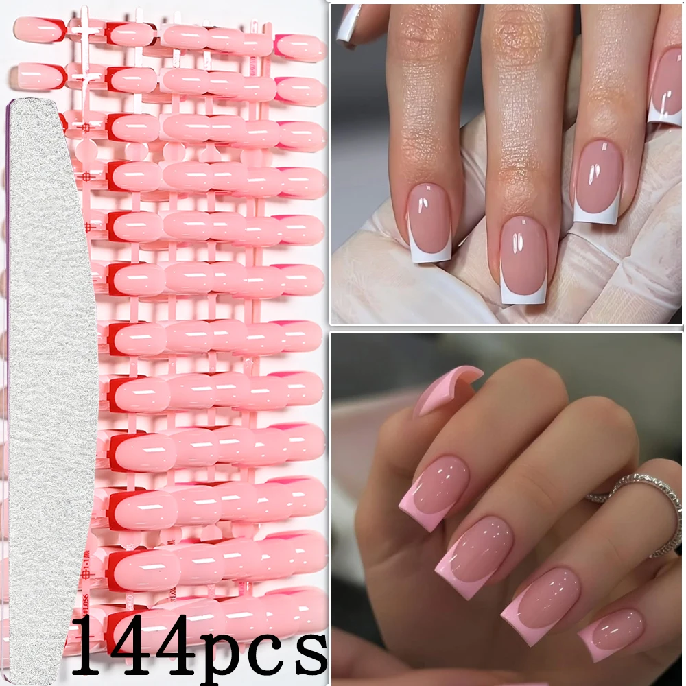 120/144 Stück 6 Farben Französische Quadratische Künstliche Nägel mit Feilwerkzeug Glänzend Rosa Weiß Rot Vollständige Abdeckung Tragbare Aufdrücknägel DIY Künstliche Nägel – Detail 1