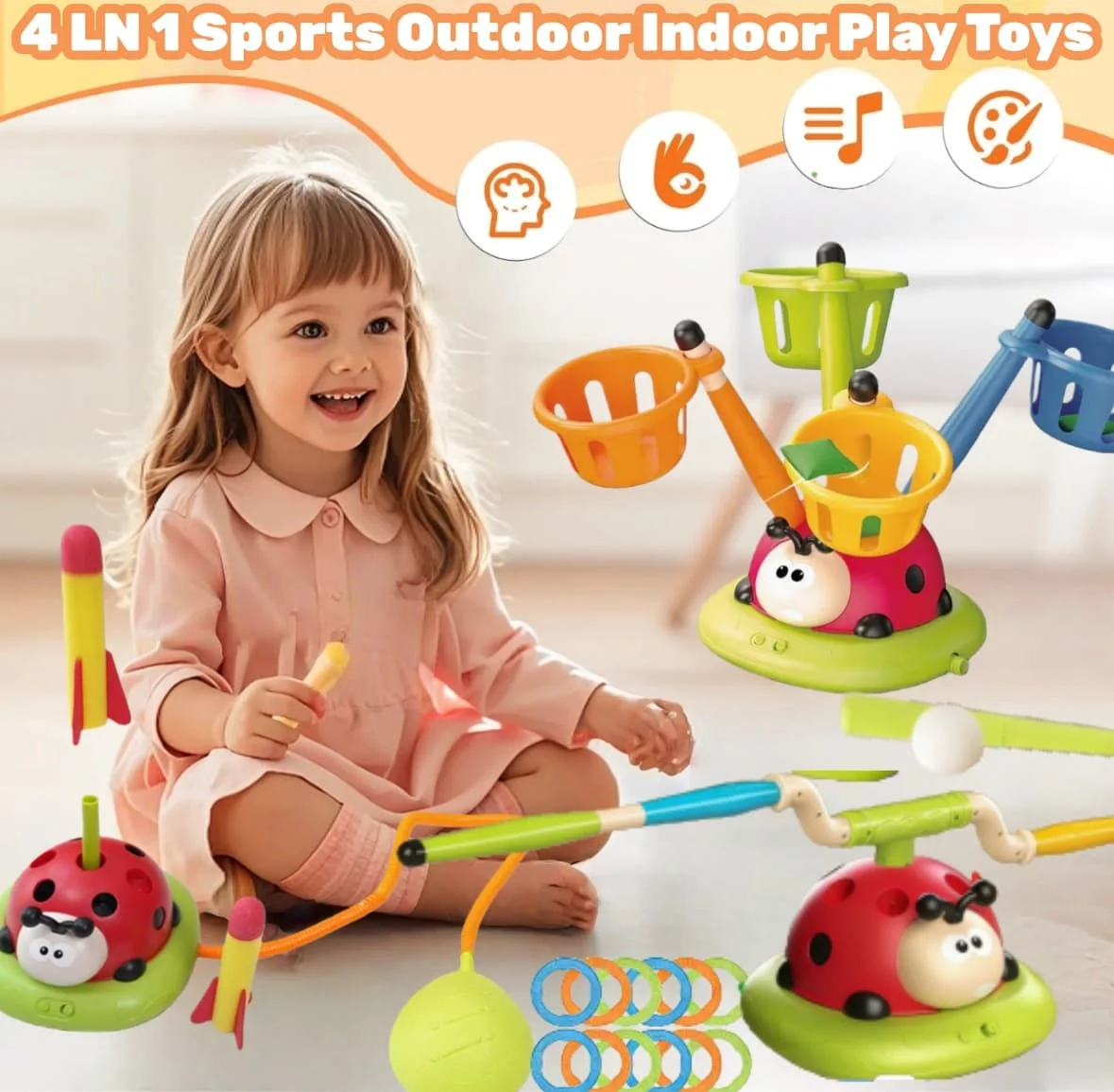 

Мультиспортивная игрушка Божья коровка: прыжок, бросок колец и ракетная установка | Подарки Новинка игрушки, игры для детей