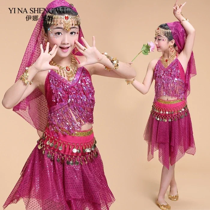 Crianças trajes de dança do ventre 2 pçs conjunto dança oriental menina dança do ventre índia bollywood roupas topo e saia para meninas dança wear