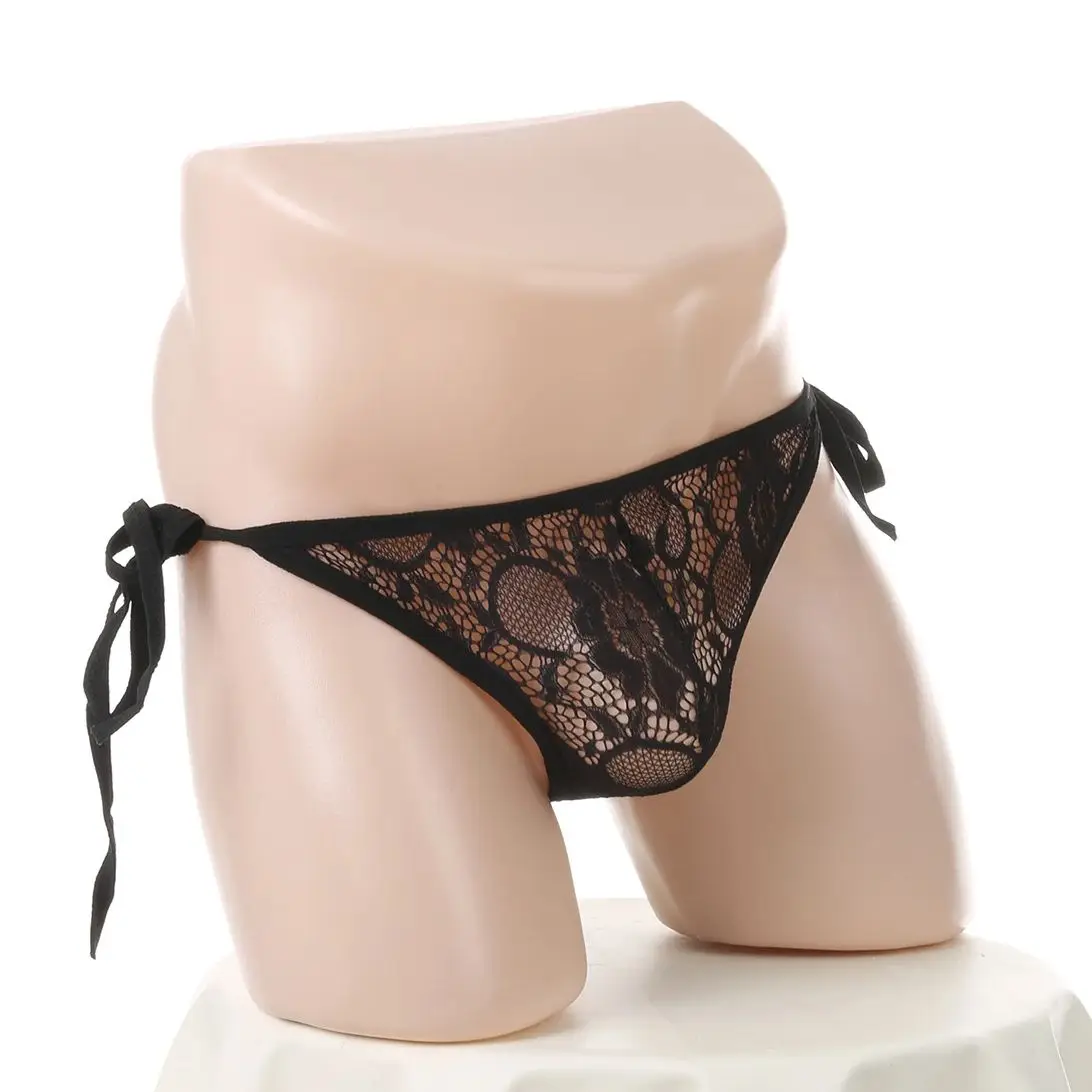 Sexy Men Underwear T-back Lace Breathable Low-Rise Transparent Bikini Side Open Panties Adjustable Underpants Male Exotic Thong