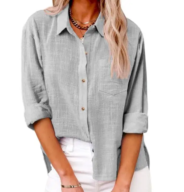 

Summer Women's Fashion New Style Buttoned Long Sleeve Pocket Design Shirt Pocket Slit Casual Long Sleeved Shirt