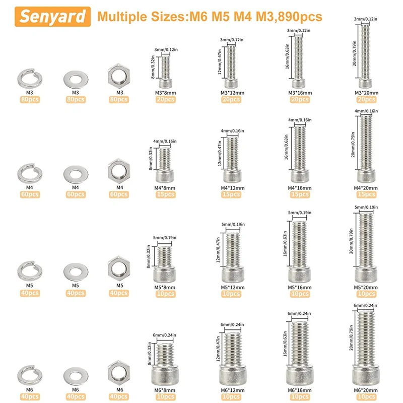 ABLQ 890Pcs M3-M6 Screw Assortment, Socket Head Cap Screws Hex Head Screws Assortment Set Nuts And Bolts Assortment Kit