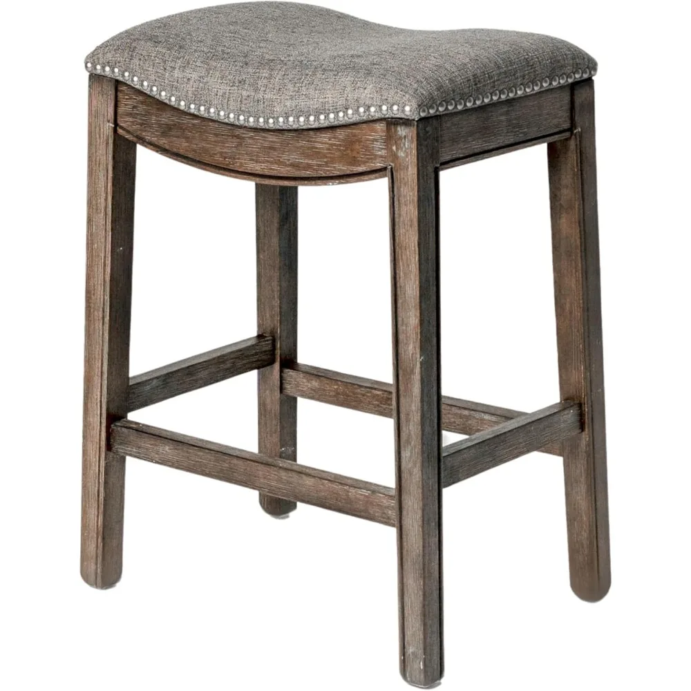 

Adrien 26 Inch Counter Height Upholstered Backless Saddle Barstool in Walnut Wood Finish with Grey Fabric Cushion Seat