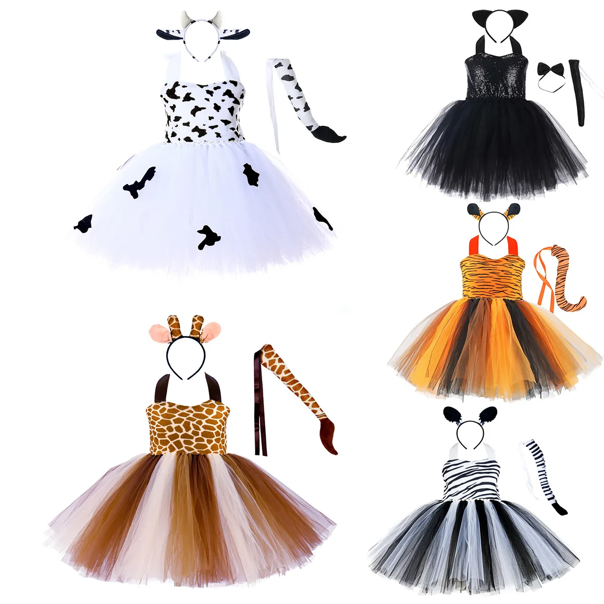 Halloween Animal Cosplay Costume Kids Forest Theme Giraffe Cows Tiger Leopard Zebra Print Tutu Dress Baby Girls Birthday Party