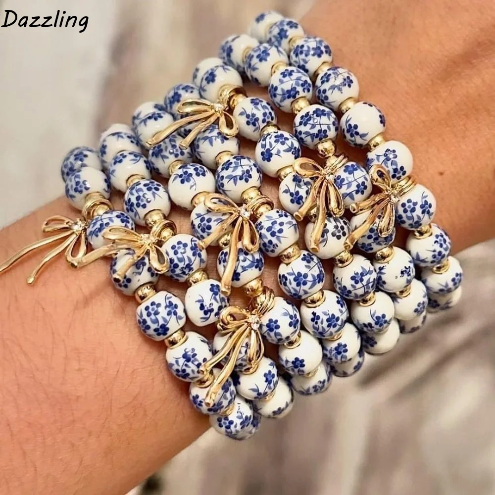 

Elastic Blue and White Porcelain Bracelet Metal Beads Ceramics Beads Bracelets Vintage Jewelry New Chinese Style Bracelet