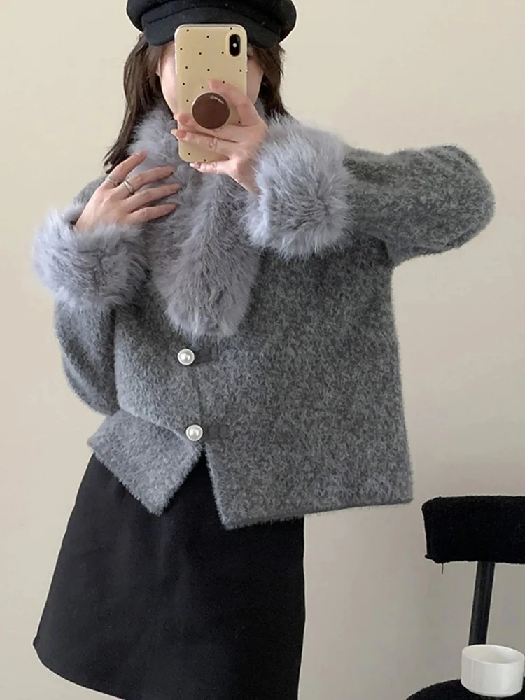 Vintage Knitted Cardigan Women Removable Fur Collar Button Long Sleeve Sweater Loose Casual Small Fragrance French Gray Outwear