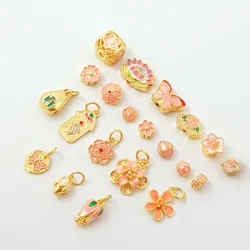 New 18K Copper Gold Plated Pink Drip Oil Butterfly Bead Pendant Accessories Handmade DIY Weaving Hand Rope Accessories Material