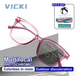 VICKI Women's Photochromic Multi-focus Progressive Reading Glasses Anti Blue Light Geometric Frame Prescription Glasses PFD2129
