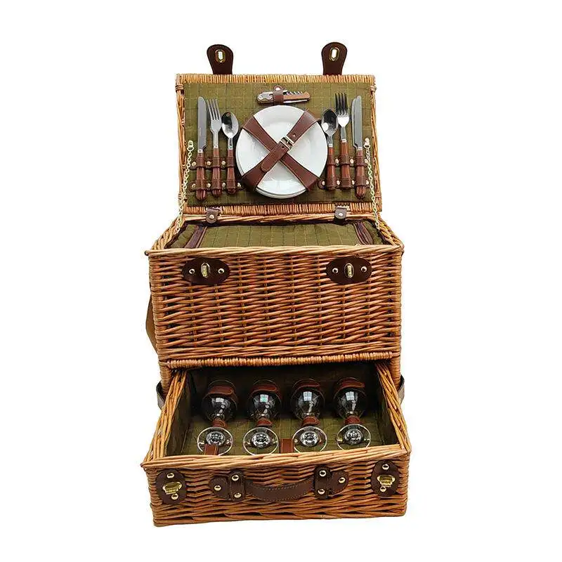 

Vintage rattan picnic basket large capacity outdoor camping picnic basket with cutlery