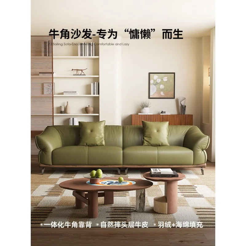 New first-layer cowhide sofa designer one-character horn sofa antique living room straight row sofa